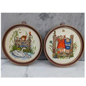 Vtg pair of Hummel hand embroidered Needlework 1970's swan fence kids